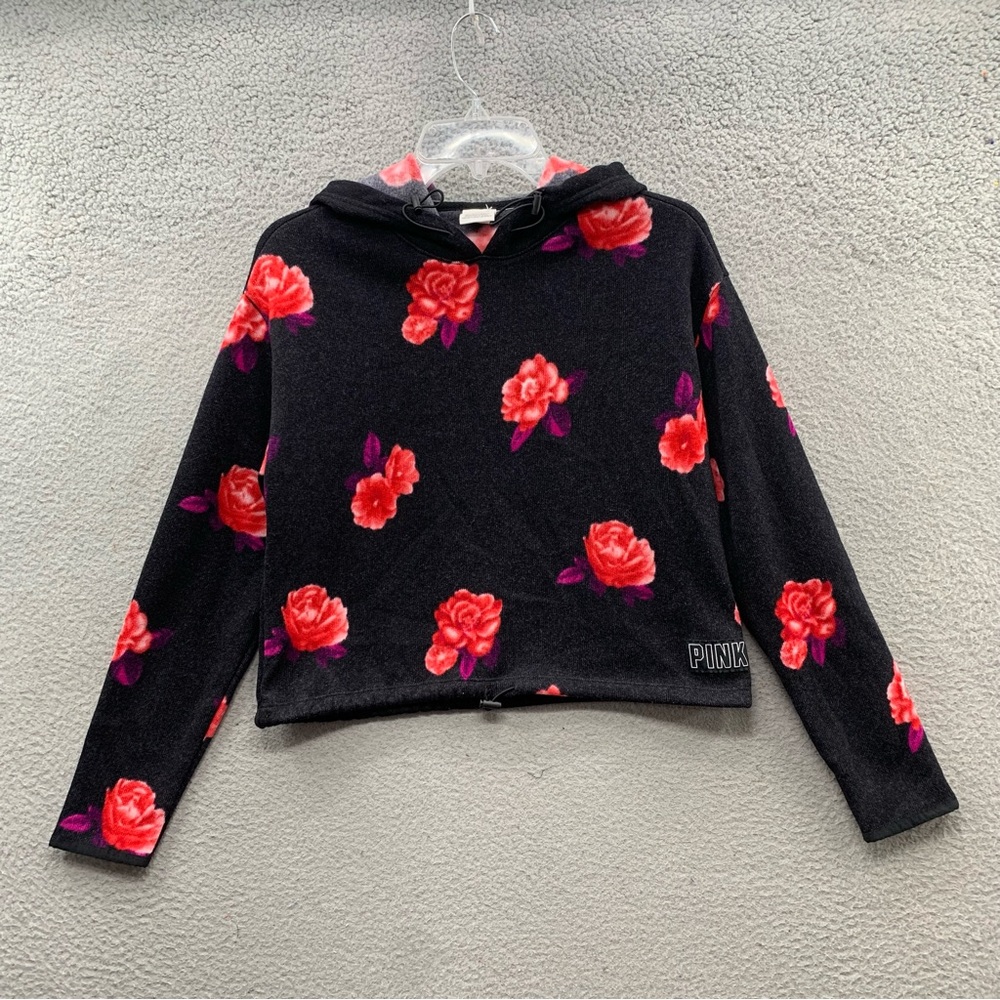 PINK Victoria’s Secret Hooded Sweatshirt Women XS Gray Roses Fleece Drawstrings